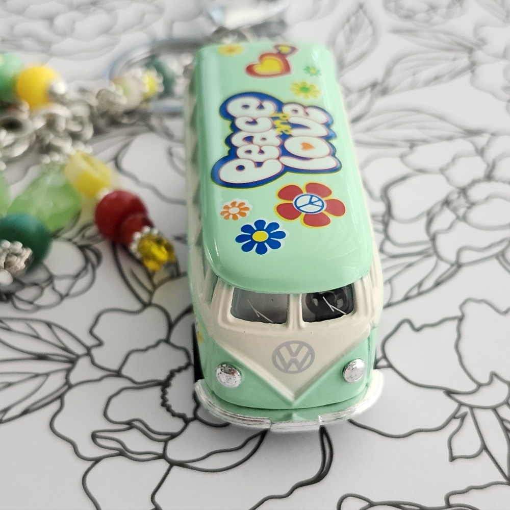 VW Bus-inspired Peace and Love Purse Charm or Keychain Handcrafted Glass Stone